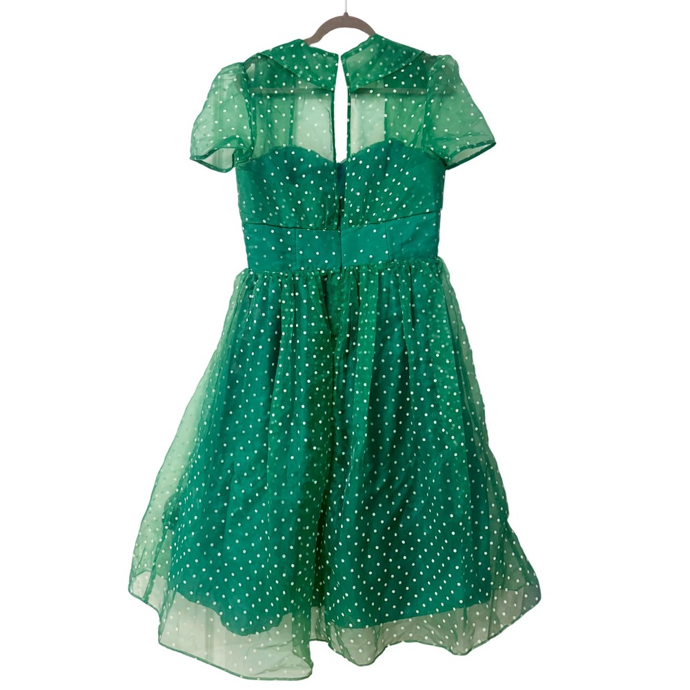 Unique Vintage Green Polka Dot Organza Fit Flare Dress Retro Rockabilly L 10 12